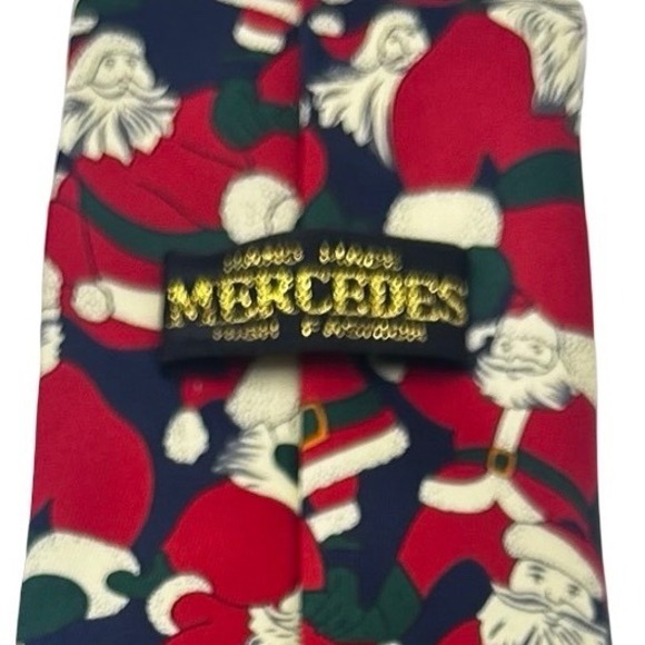 Mercedes Vintage Myung Ju Silk Christmas Tie 55" x 3.5" Santa Retro Novelty - Picture 3 of 4